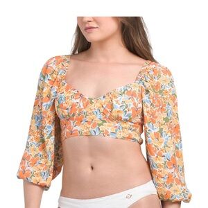 l*space Orange Floral Puff-Sleeve Crop Top